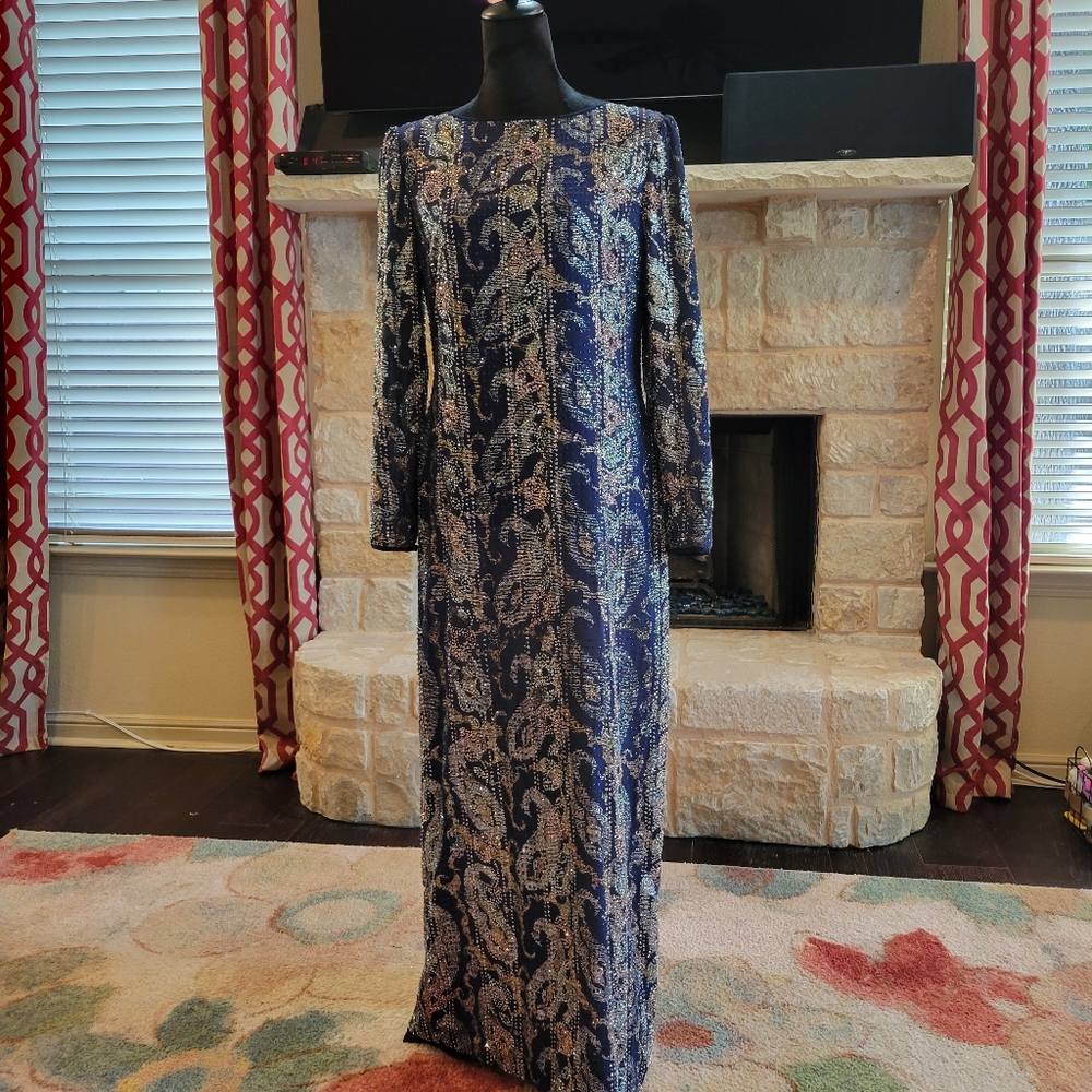 Estate Custom Evening Gown, Blue Gown Embellished with  Glitter Designs